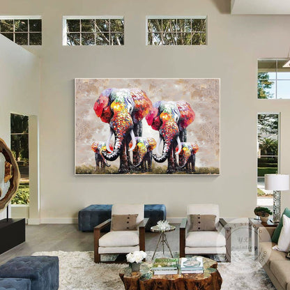 Textured Elephant Family Canvas Painting: Large Framed Wall Art #4