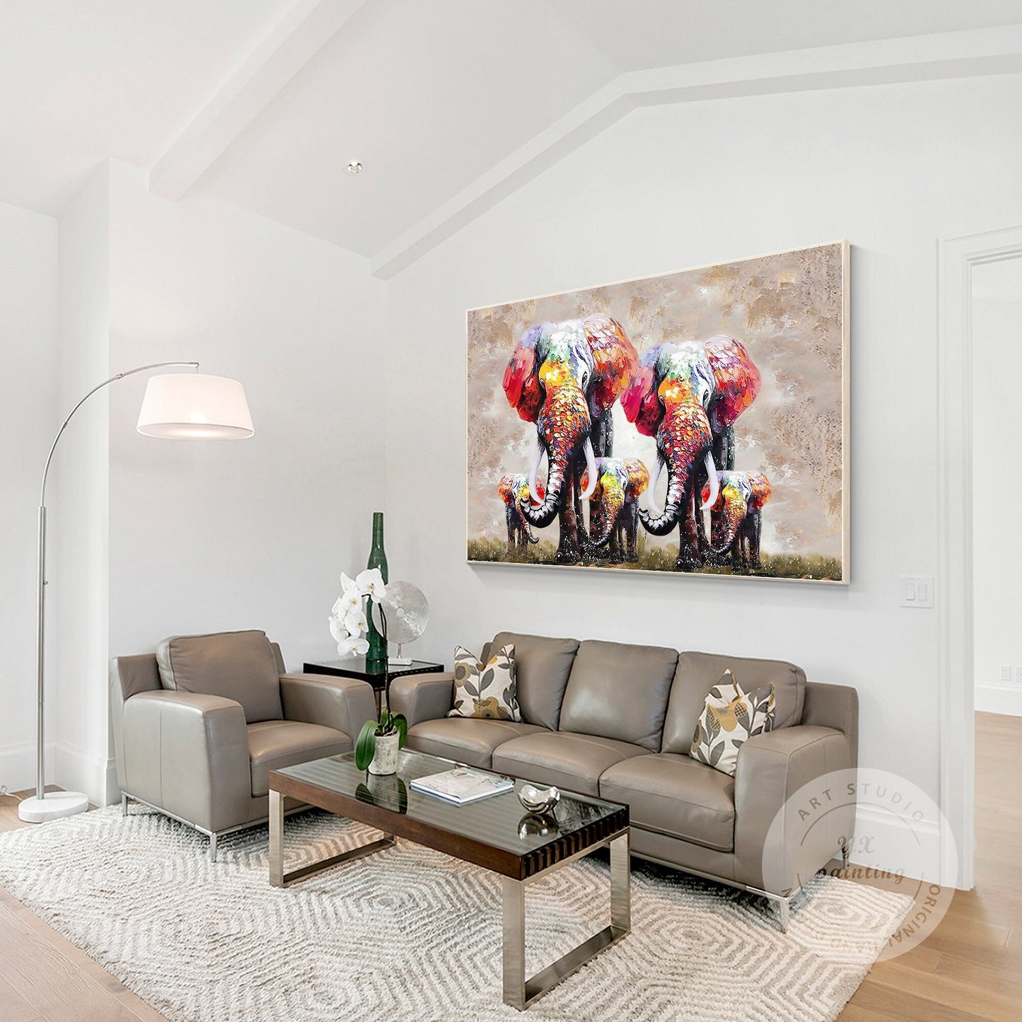 Textured Elephant Family Canvas Painting: Large Framed Wall Art #5