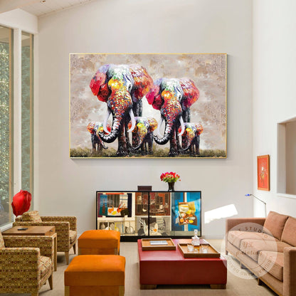 Textured Elephant Family Canvas Painting: Large Framed Wall Art #1