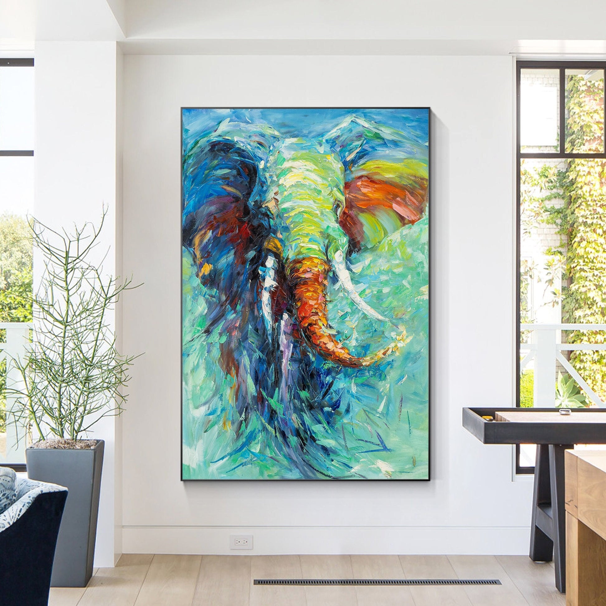 Textured Elephant Painting On Canvas: Colorful Framed Wall Art #1