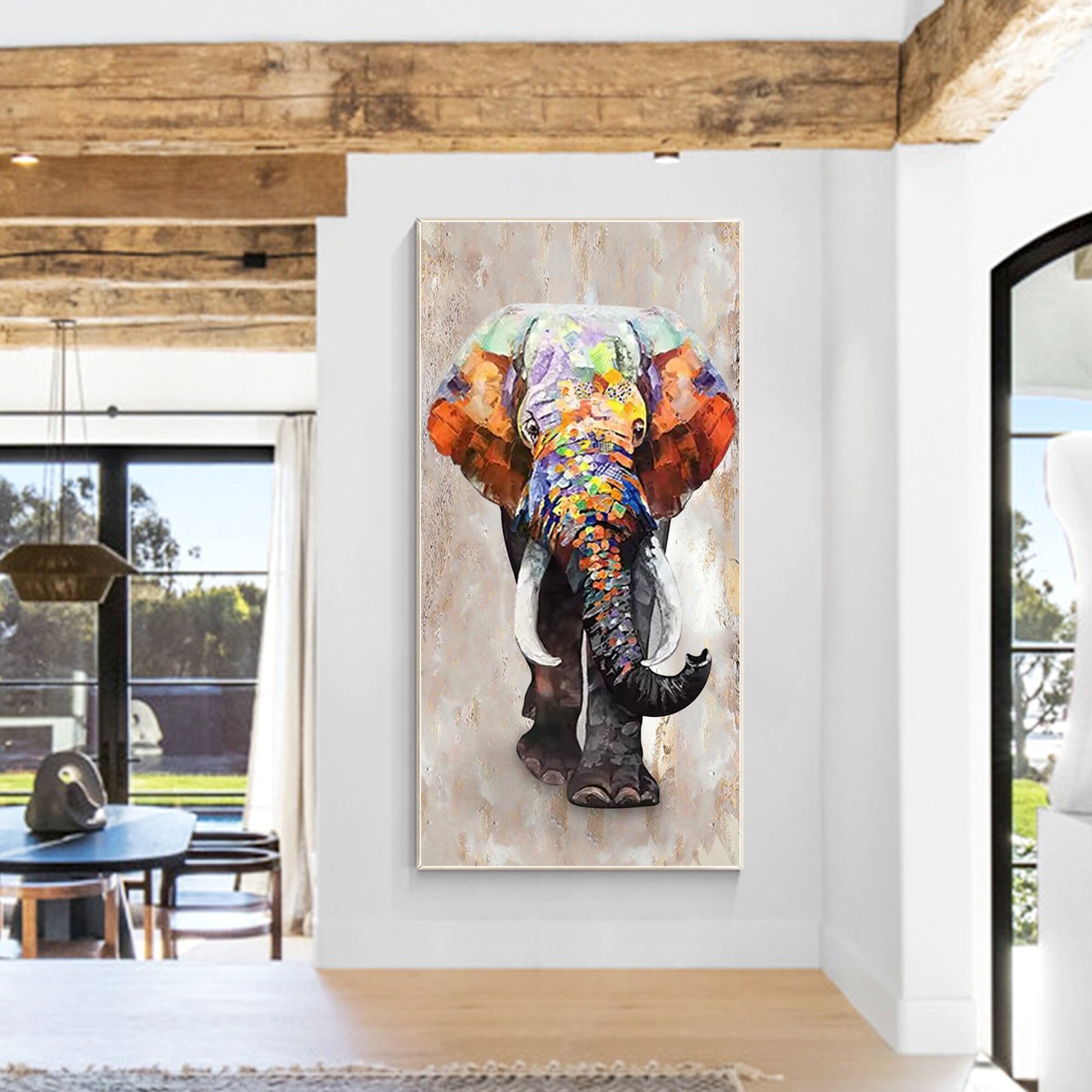 Textured Elephant Painting on Canvas: Framed Wabi Sabi Wall Art #3