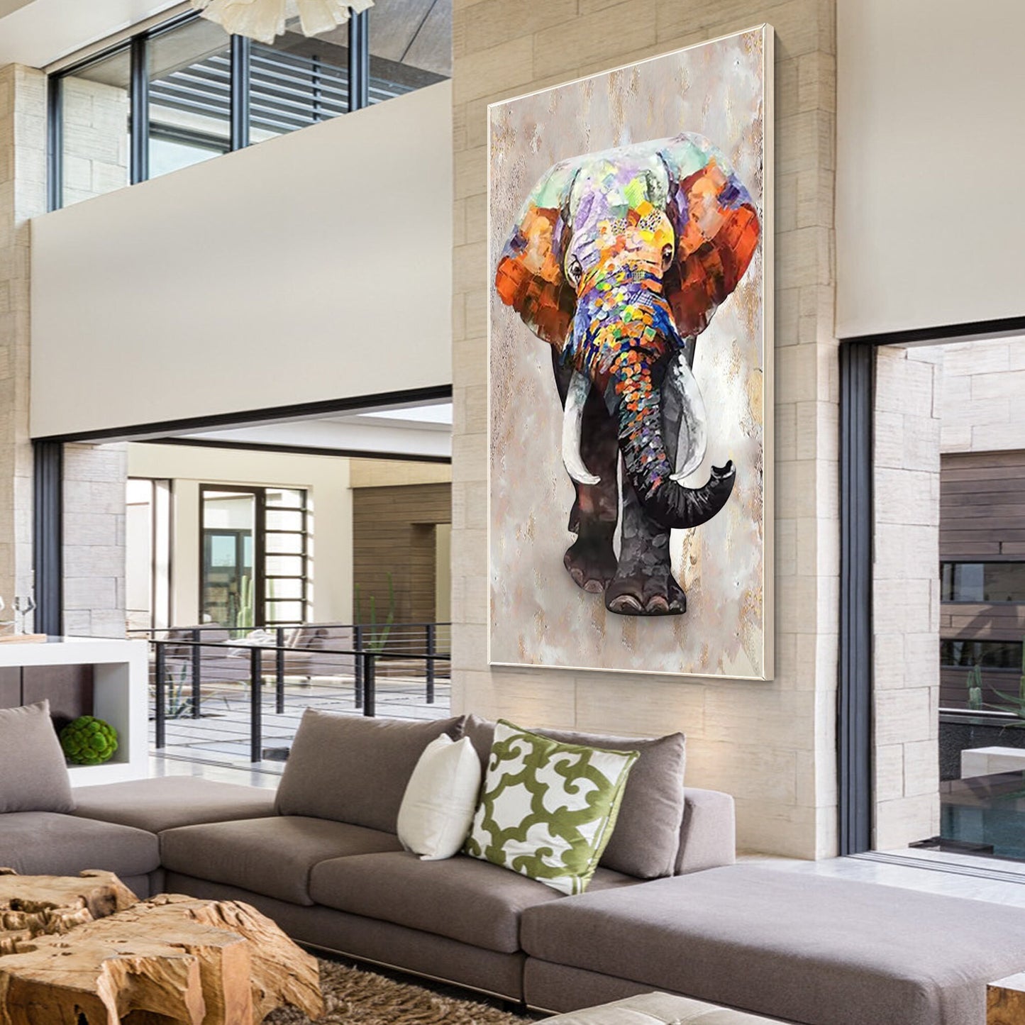 Textured Elephant Painting on Canvas: Framed Wabi Sabi Wall Art #5