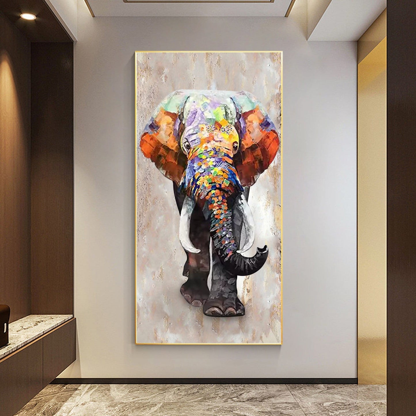 Textured Elephant Painting on Canvas: Framed Wabi Sabi Wall Art #1