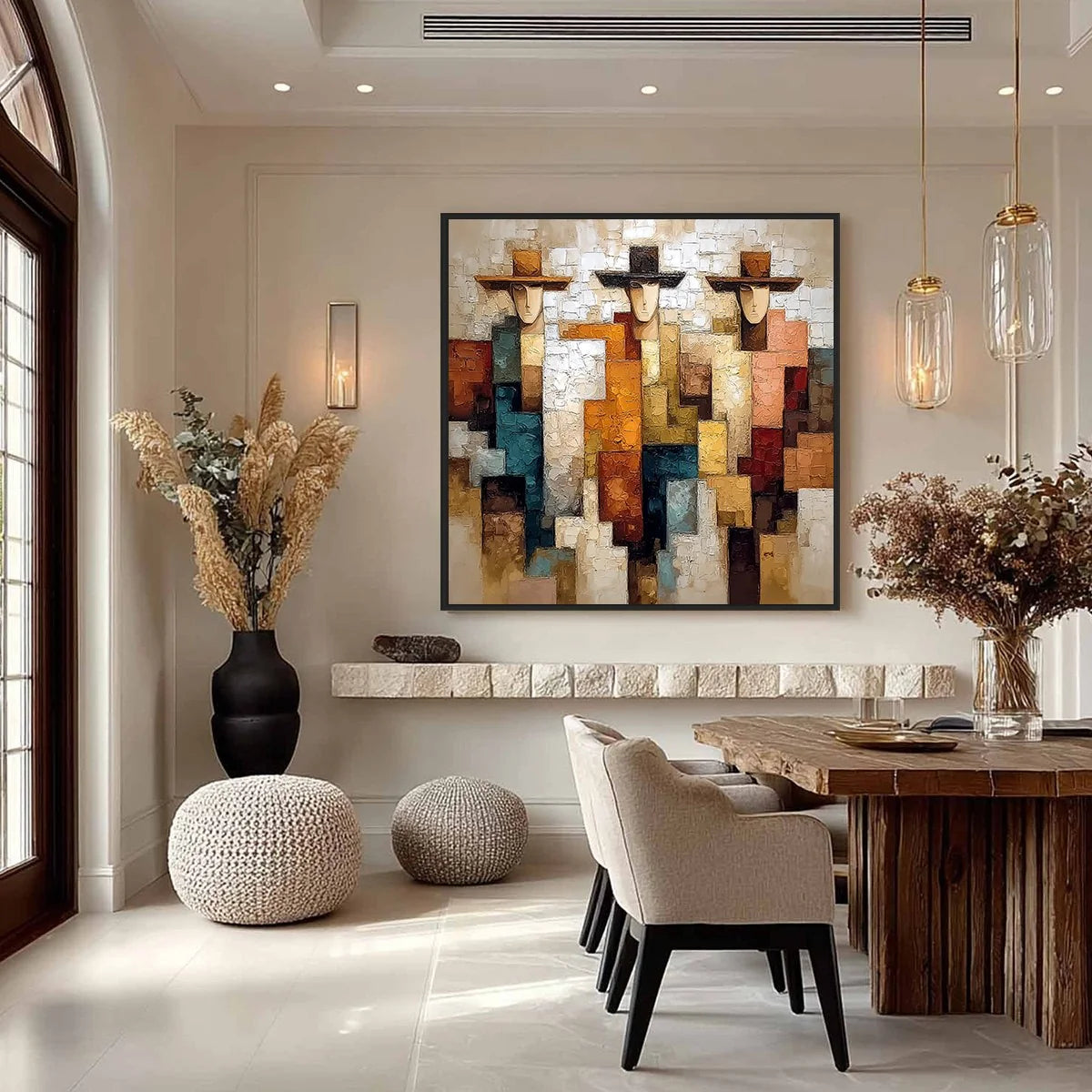 THE TRIAD: Textured Figurative Abstract Painting of Three Figures | gold frame stretched on neutral wall