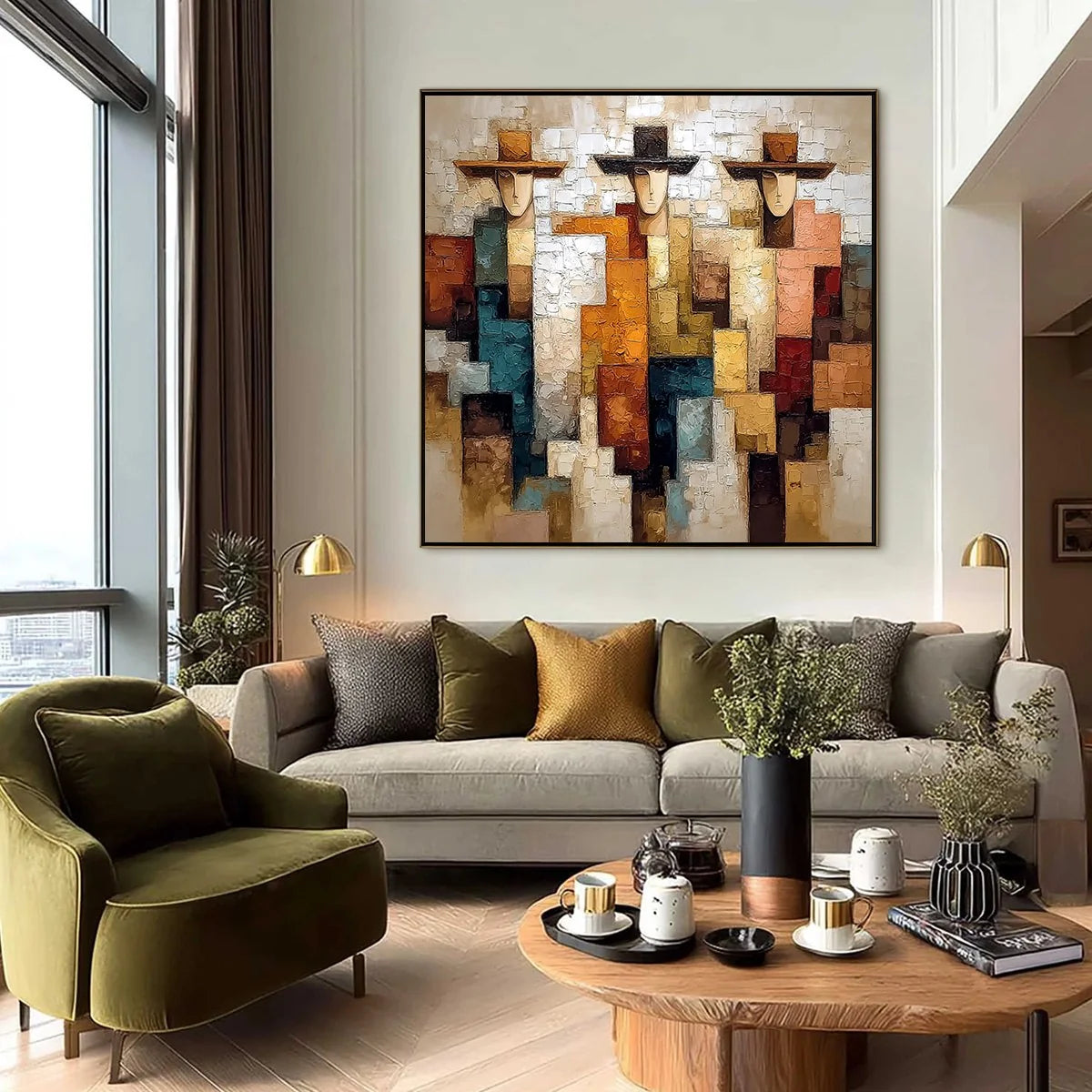 THE TRIAD: Textured Figurative Abstract Painting of Three Figures | black frame version on white wall