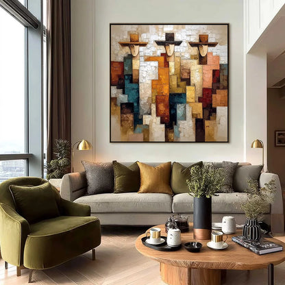 THE TRIAD: Textured Figurative Abstract Painting of Three Figures | black frame version on white wall