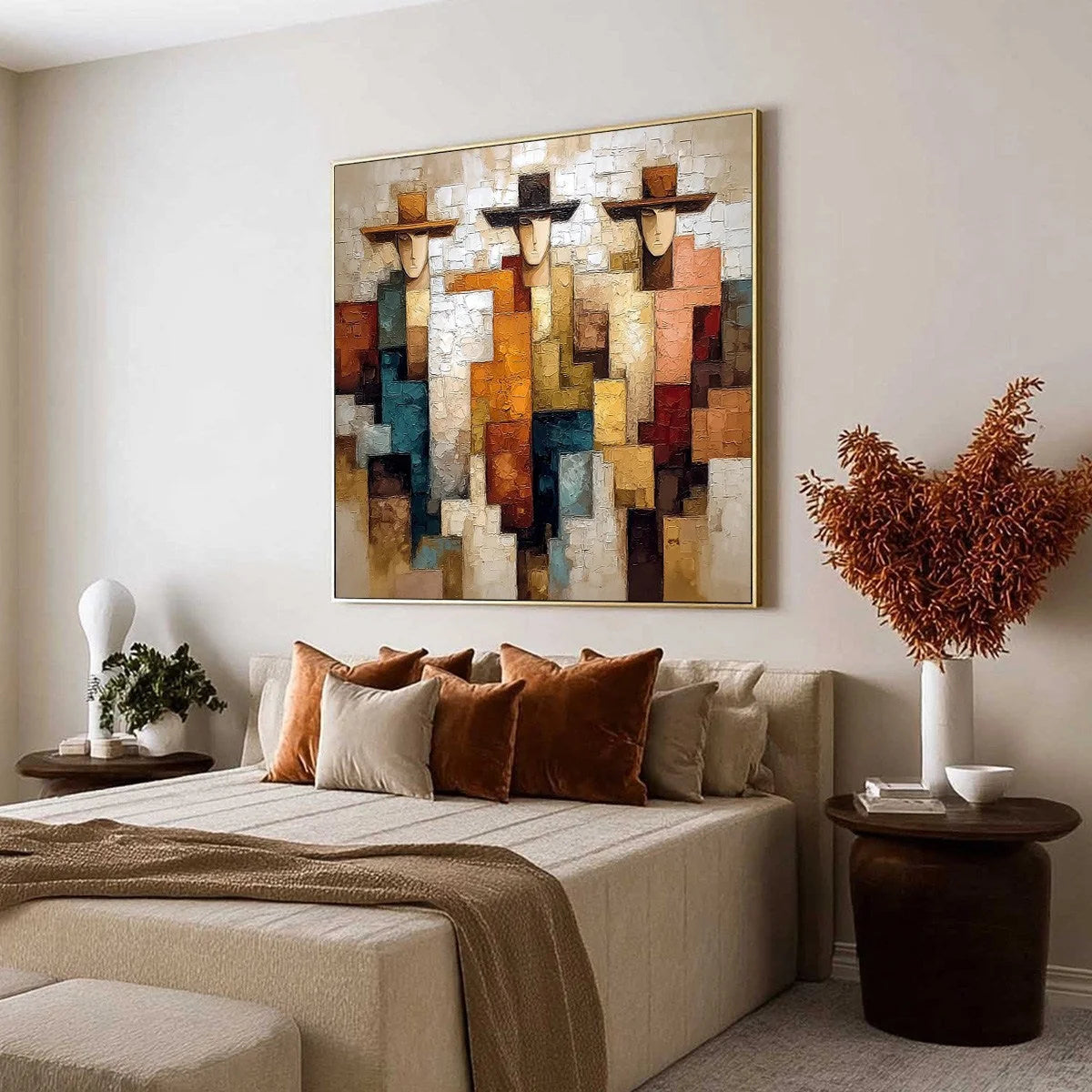 THE TRIAD: Textured Figurative Abstract Painting of Three Figures | Figurative mood, soft natural light studio shot