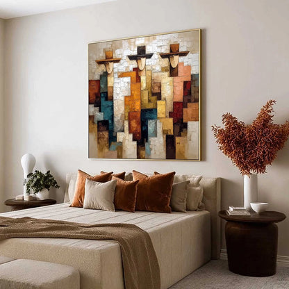 THE TRIAD: Textured Figurative Abstract Painting of Three Figures | Figurative mood, soft natural light studio shot