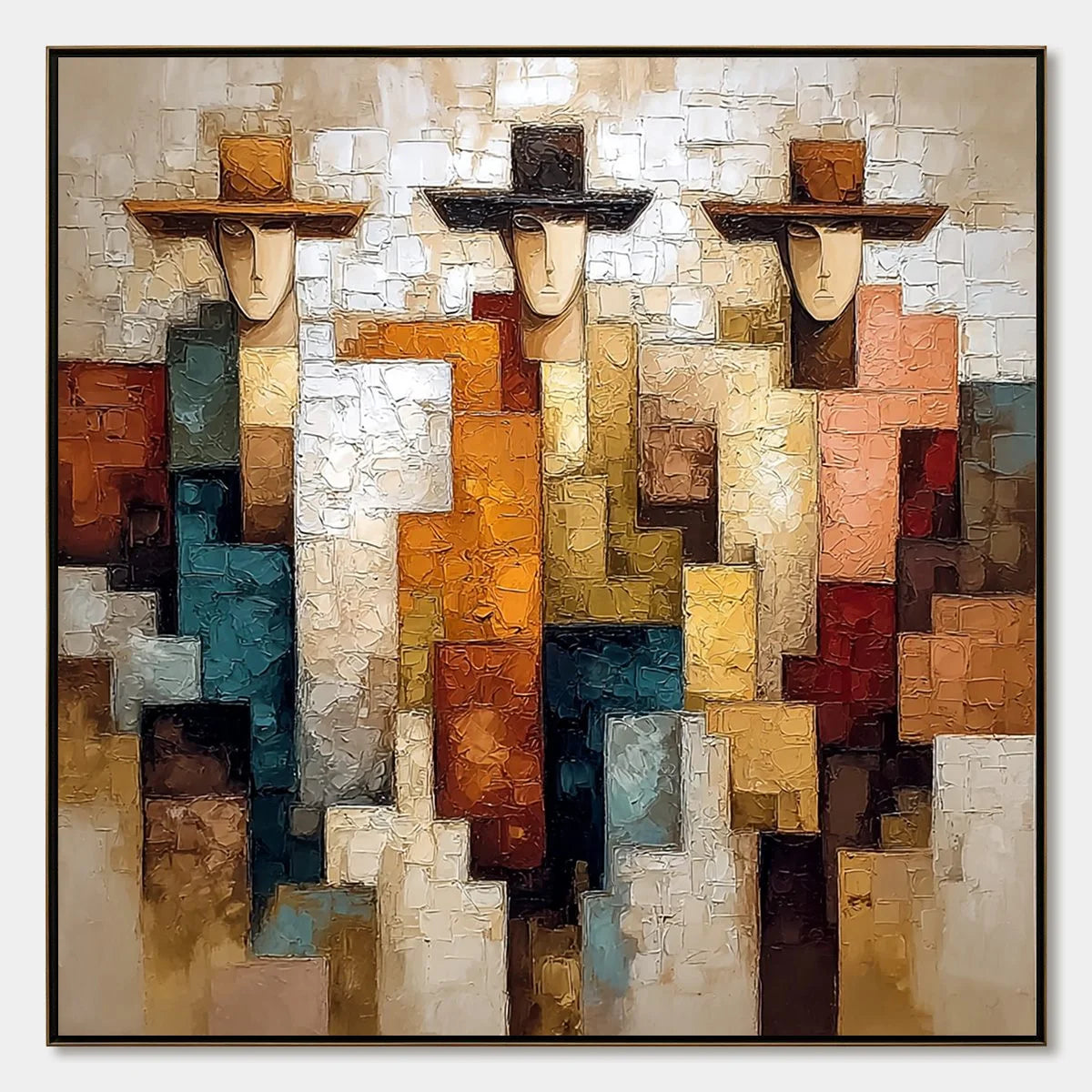 THE TRIAD: Textured Figurative Abstract Painting of Three Figures | hanging in living room, Figurative wall art