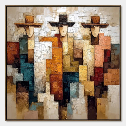 THE TRIAD: Textured Figurative Abstract Painting of Three Figures | hanging in living room, Figurative wall art