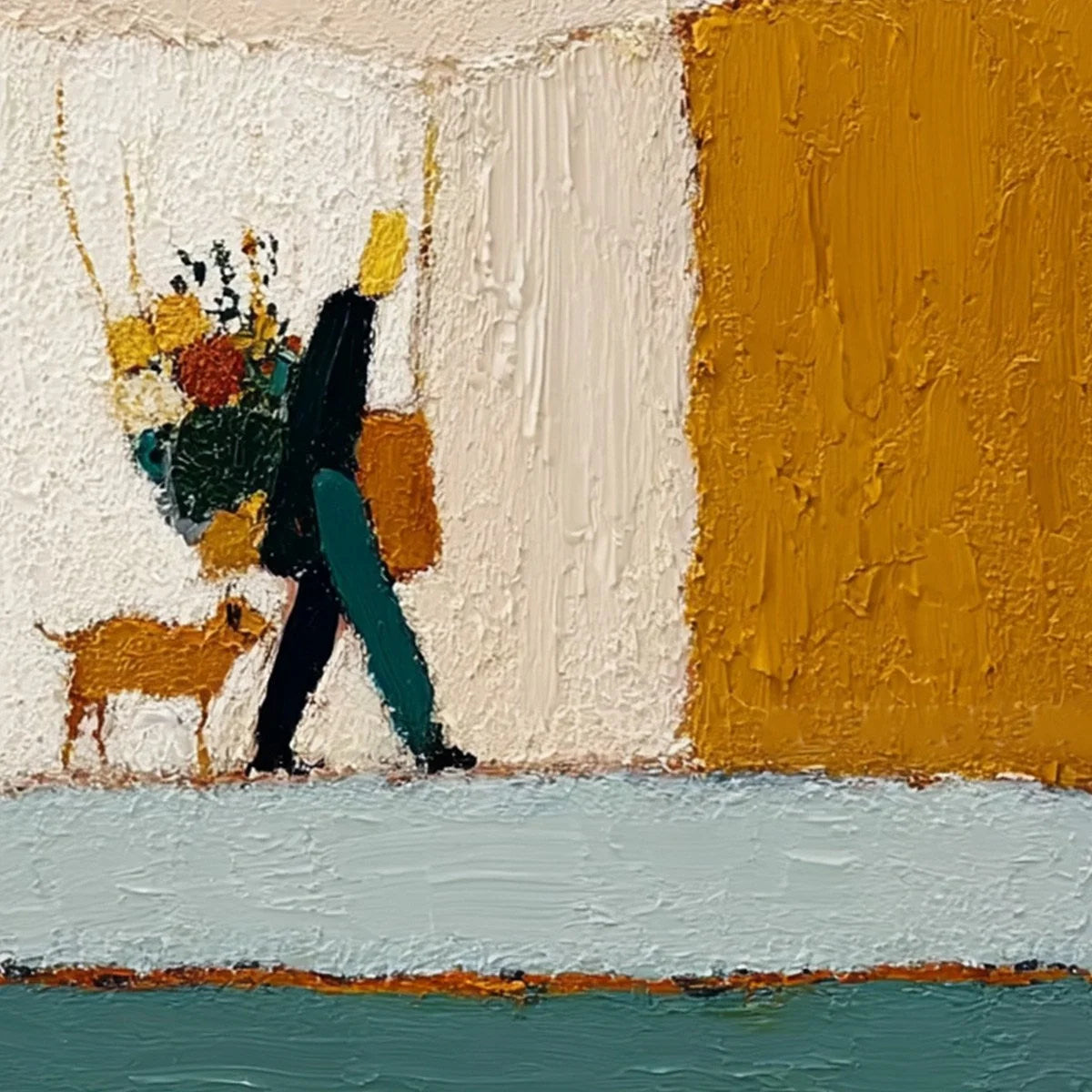 A SIMPLE PLEASURE: Textured Figurative Impasto Painting of a City Stroll | rectangular format, hand-painted canvas edge