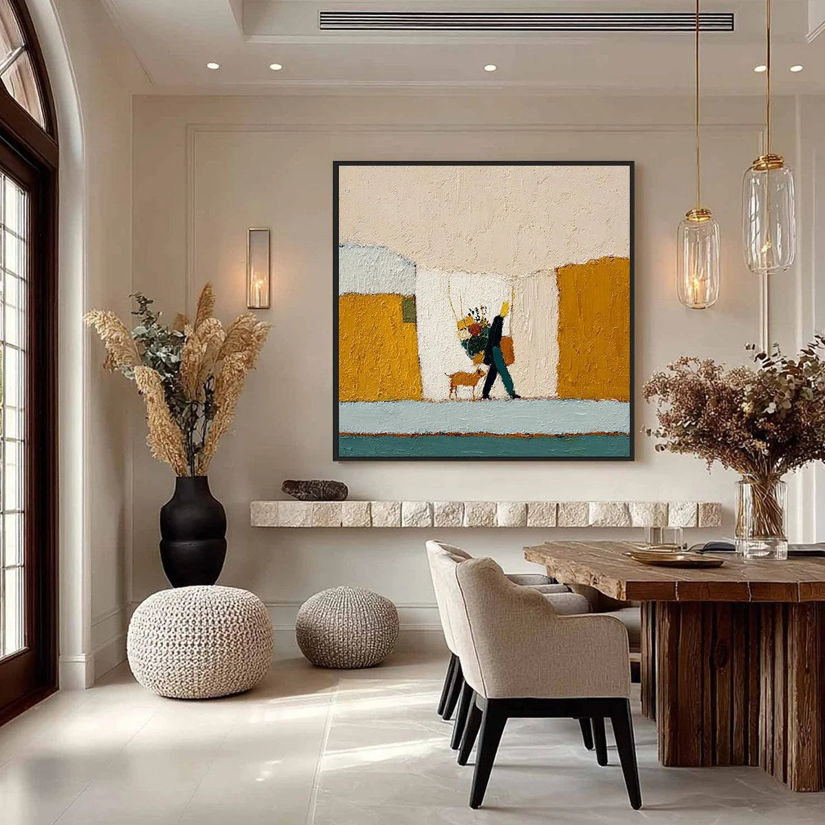 A SIMPLE PLEASURE: Textured Figurative Impasto Painting of a City Stroll | gold frame stretched on neutral wall