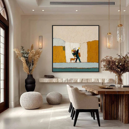 A SIMPLE PLEASURE: Textured Figurative Impasto Painting of a City Stroll | gold frame stretched on neutral wall