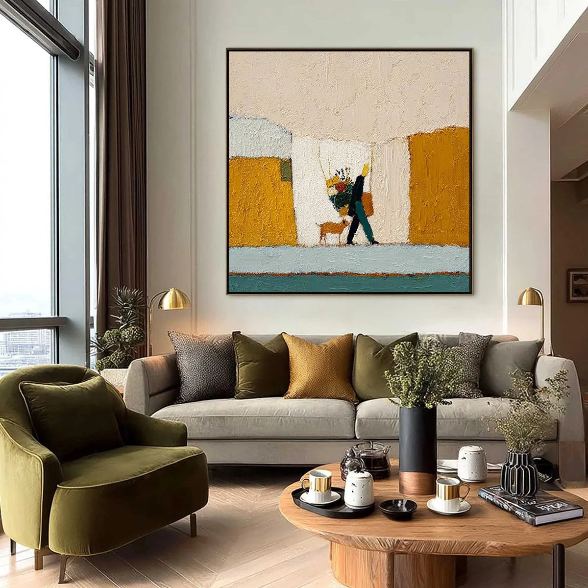 A SIMPLE PLEASURE: Textured Figurative Impasto Painting of a City Stroll | black frame version on white wall