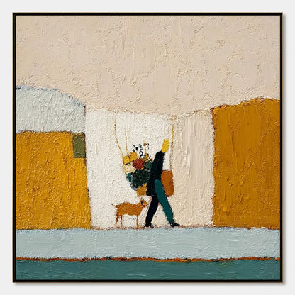 A SIMPLE PLEASURE: Textured Figurative Impasto Painting of a City Stroll | hanging in living room, Figurative wall art