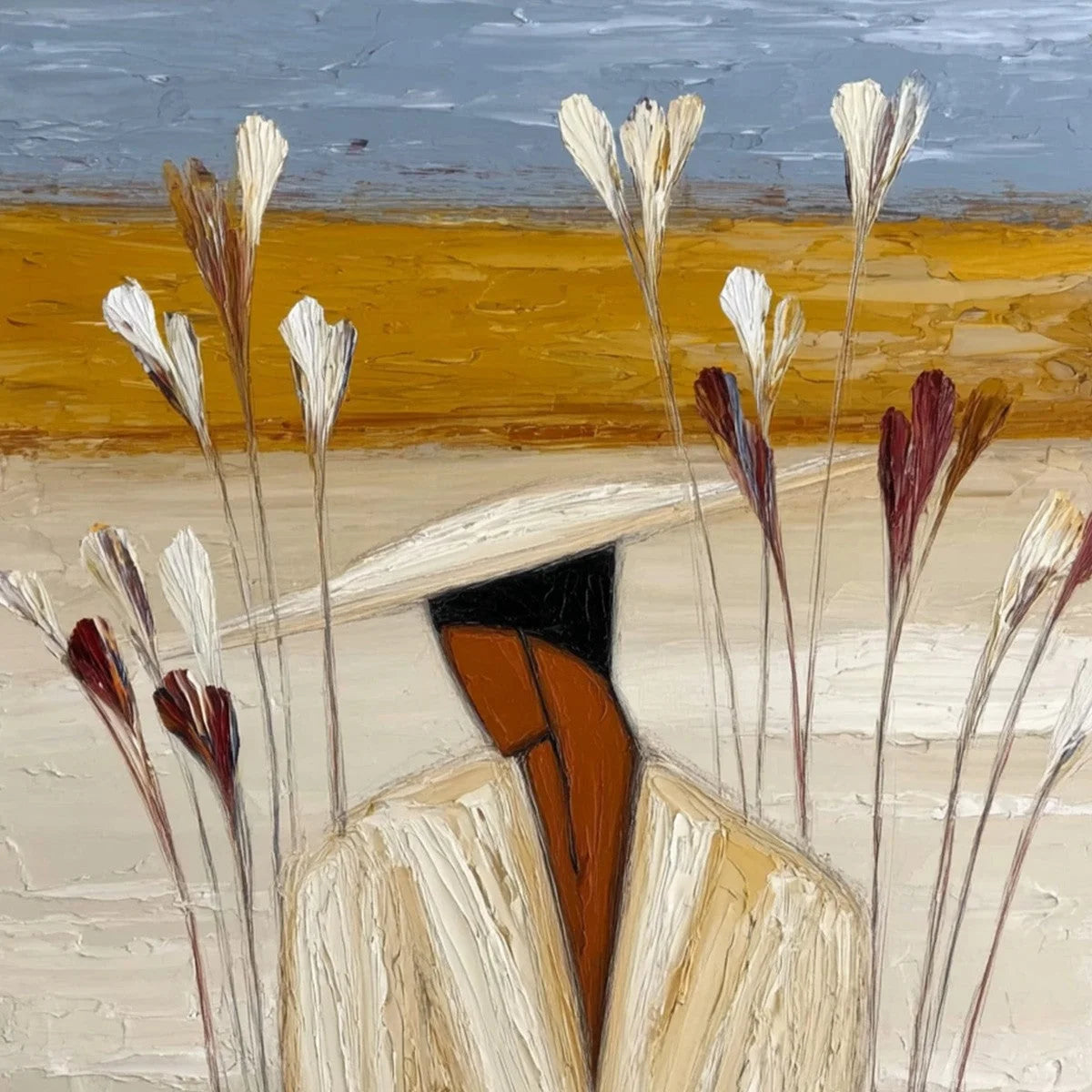 QUIET REPOSE: Textured Figurative Painting of a Person in Contemplation | rectangular format, hand-painted canvas edge