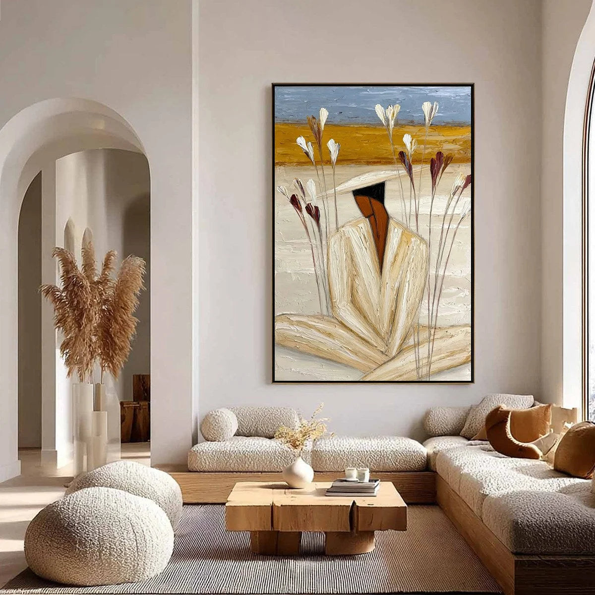 QUIET REPOSE: Textured Figurative Painting of a Person in Contemplation | gold frame stretched on neutral wall