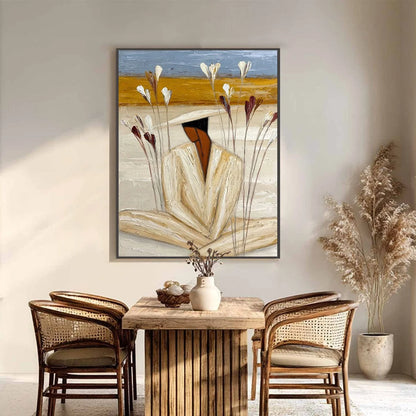 QUIET REPOSE: Textured Figurative Painting of a Person in Contemplation | black frame version on white wall
