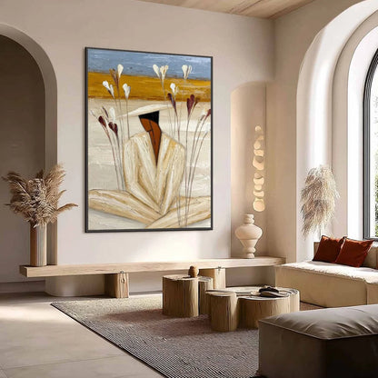 QUIET REPOSE: Textured Figurative Painting of a Person in Contemplation | Figurative mood, soft natural light studio shot