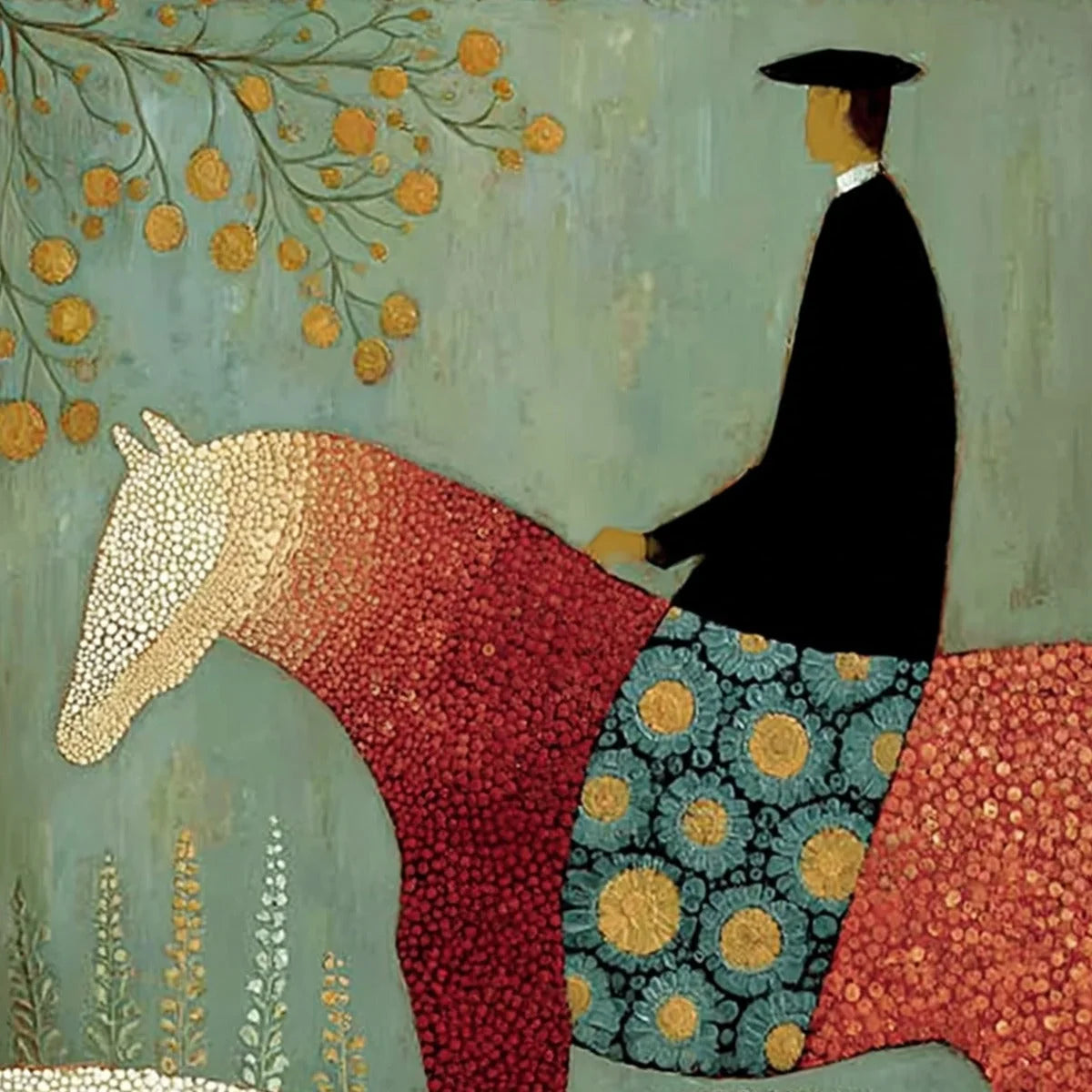 A GENTLE JOURNEY: Textured Figurative Painting of a Rider and Horse | rectangular format, hand-painted canvas edge
