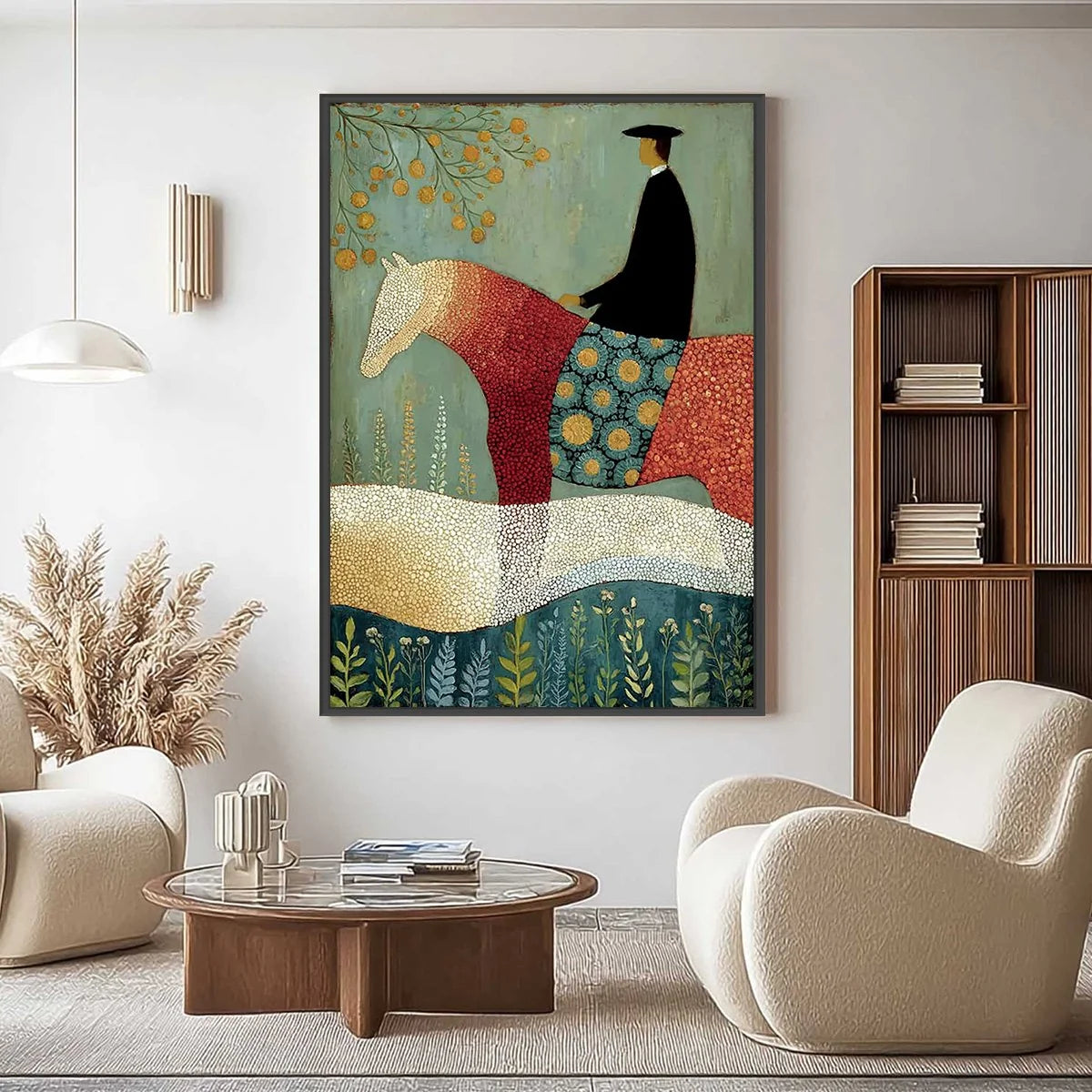 A GENTLE JOURNEY: Textured Figurative Painting of a Rider and Horse | gold frame stretched on neutral wall