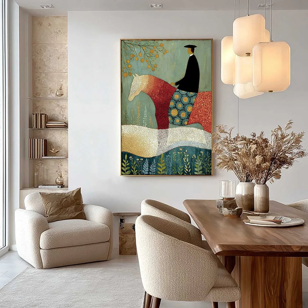 A GENTLE JOURNEY: Textured Figurative Painting of a Rider and Horse | black frame version on white wall