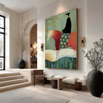 A GENTLE JOURNEY: Textured Figurative Painting of a Rider and Horse | textured mood, soft natural light studio shot