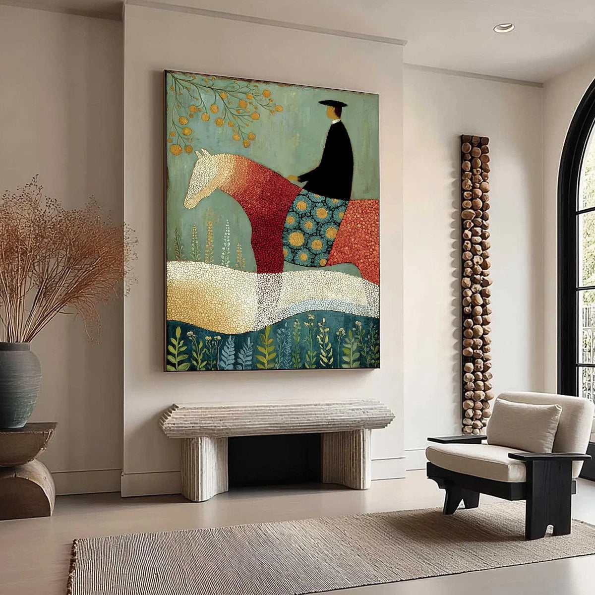 A GENTLE JOURNEY: Textured Figurative Painting of a Rider and Horse | multi palette, original office art