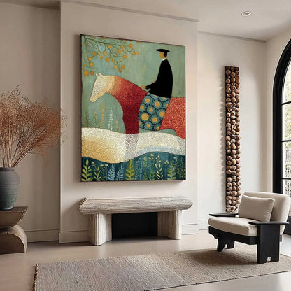 A GENTLE JOURNEY: Textured Figurative Painting of a Rider and Horse | multi palette, original office art