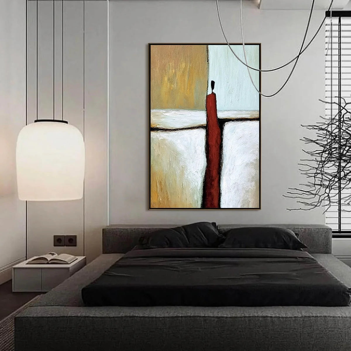THE PATH: Textured Abstract Figurative Painting for Modern Decor | black frame version on white wall