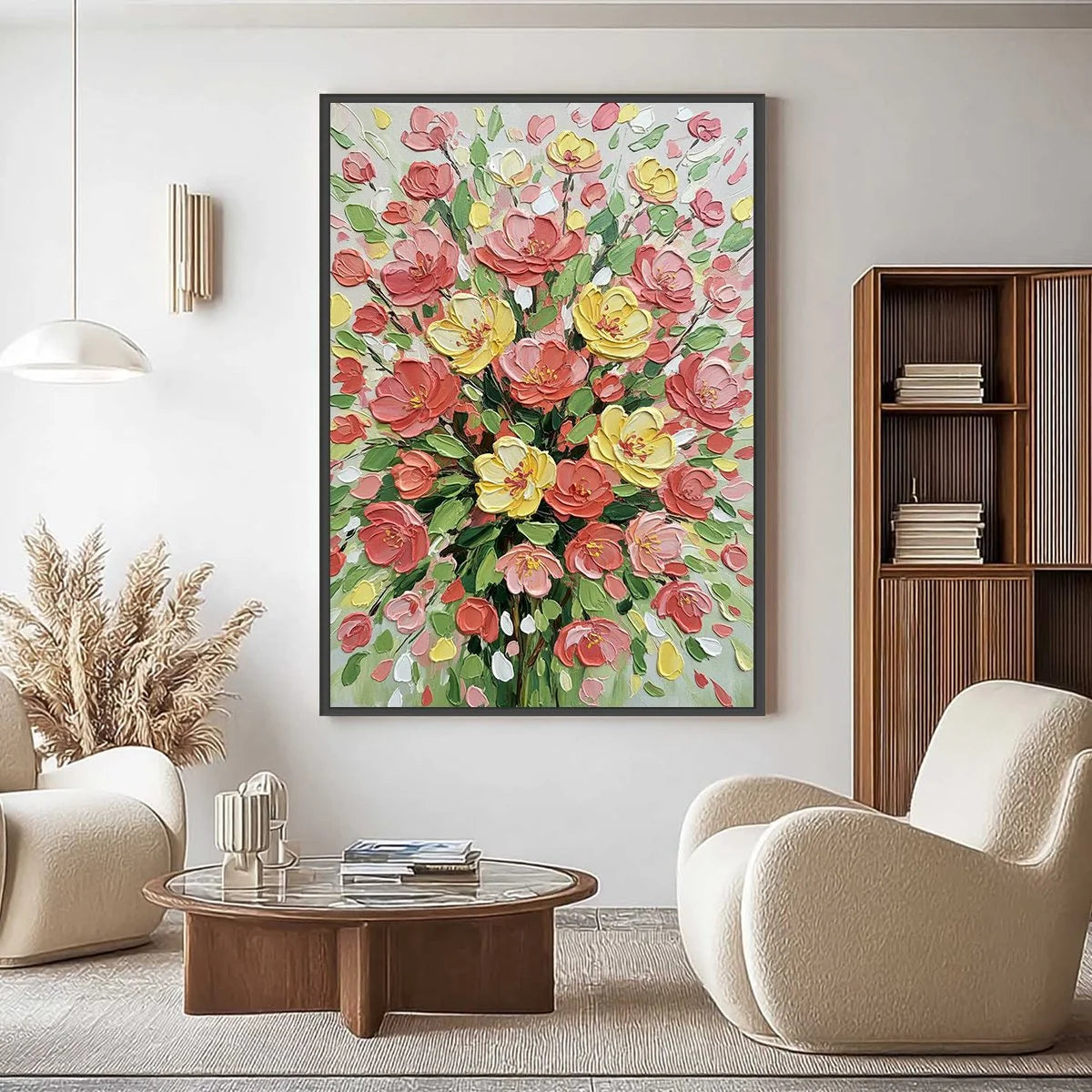 JOYFUL BLOOM: Textured Floral Impasto Oil Painting | gold frame stretched on neutral wall