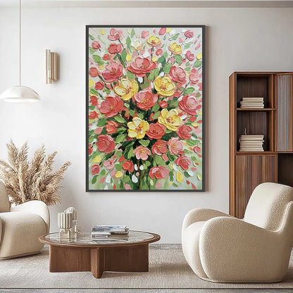 JOYFUL BLOOM: Textured Floral Impasto Oil Painting | gold frame stretched on neutral wall