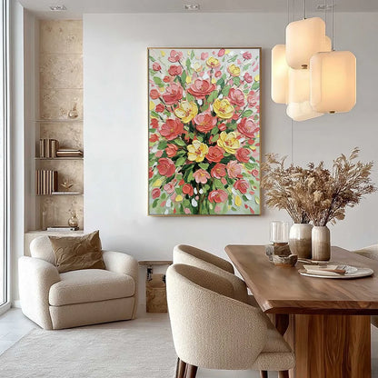 JOYFUL BLOOM: Textured Floral Impasto Oil Painting | black frame version on white wall