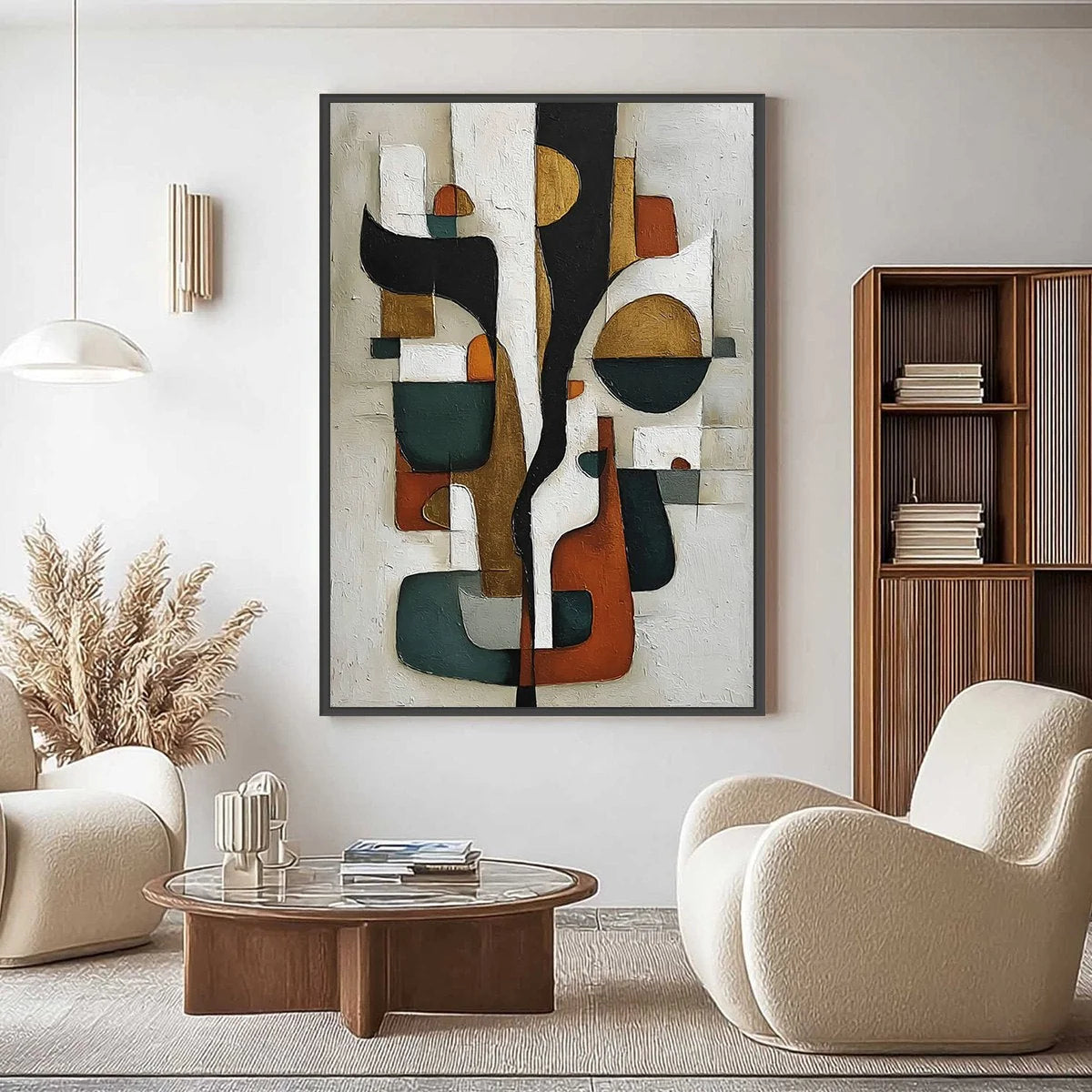 TERRA FORMA: Textured Geometric Abstract Oil Painting for Modern Decor | gold frame stretched on neutral wall