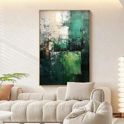 TEXTURED GREEN ABSTRACT: Impasto Abstract Painting, Vertical Wall Art | rectangular format, hand-painted canvas edge