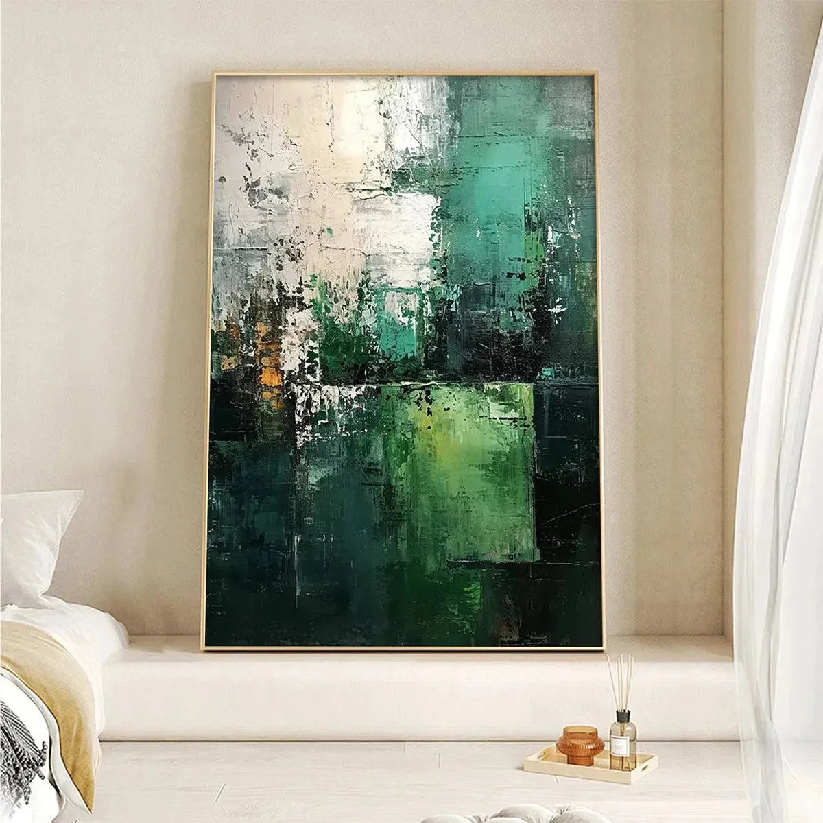 TEXTURED GREEN ABSTRACT: Impasto Abstract Painting, Vertical Wall Art | rolled canvas, ready for custom framing
