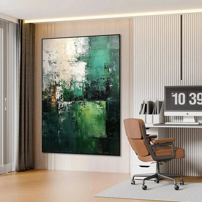 TEXTURED GREEN ABSTRACT: Impasto Abstract Painting, Vertical Wall Art | black frame version on white wall