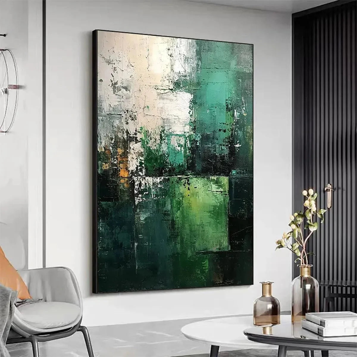 TEXTURED GREEN ABSTRACT: Impasto Abstract Painting, Vertical Wall Art | Abstract mood, soft natural light studio shot