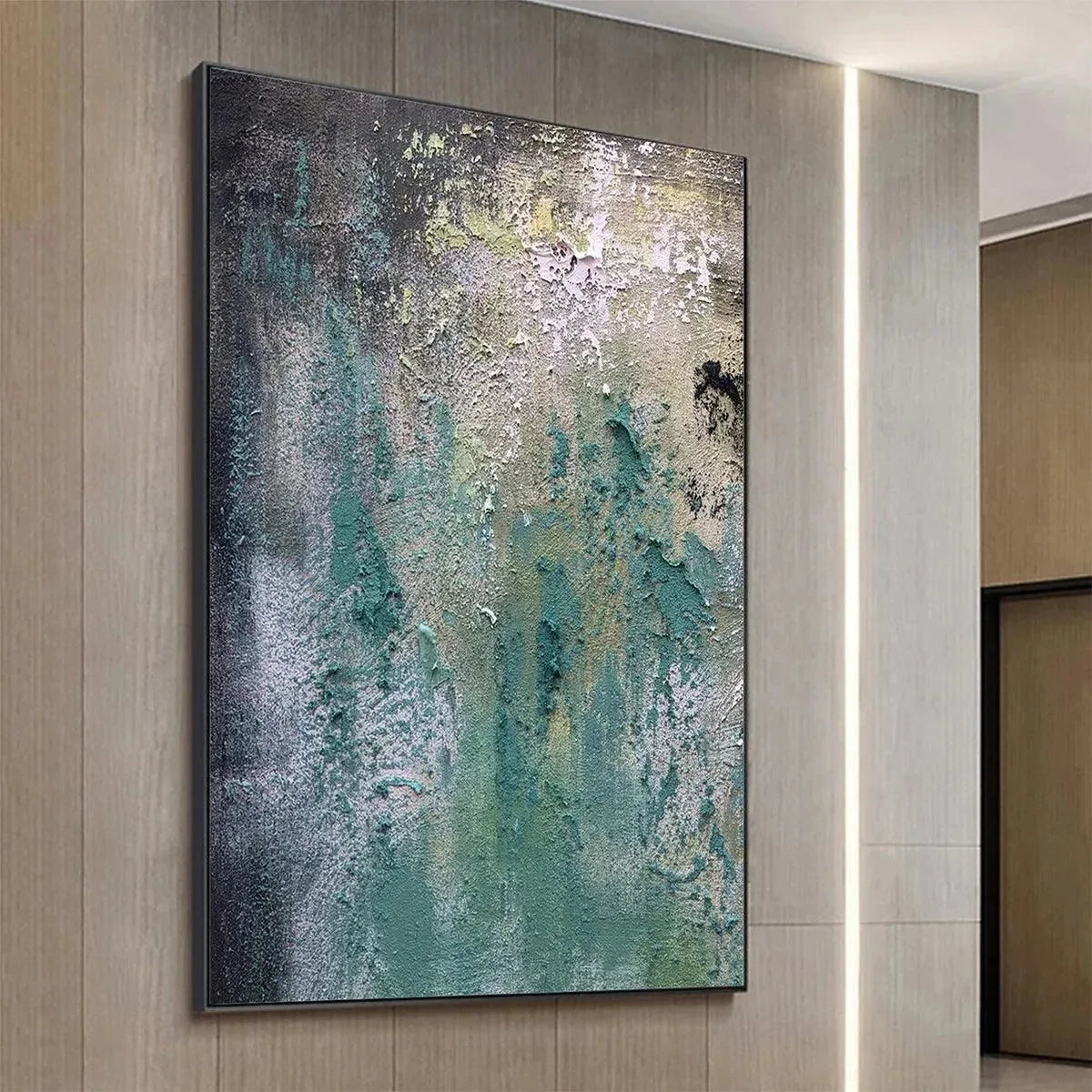 TEXTURED GREEN ABSTRACT: Impasto Abstract Painting, Vertical Wall Art | gold frame stretched on neutral wall