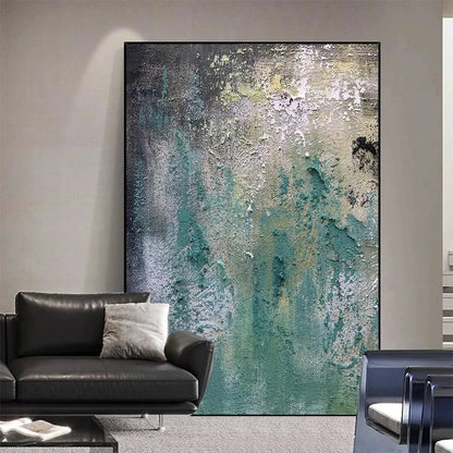 TEXTURED GREEN ABSTRACT: Impasto Abstract Painting, Vertical Wall Art | black frame version on white wall