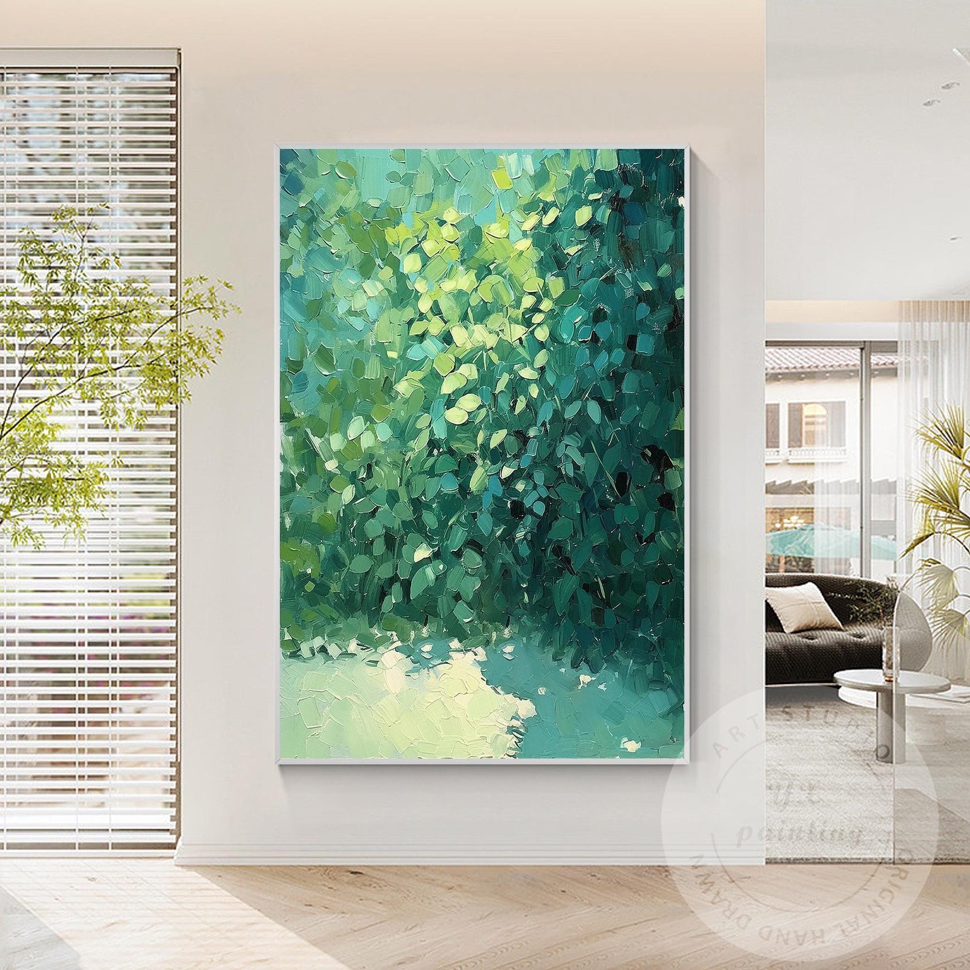 Textured Green Abstract Painting: Minimalist Palette Knife Canvas Art #3