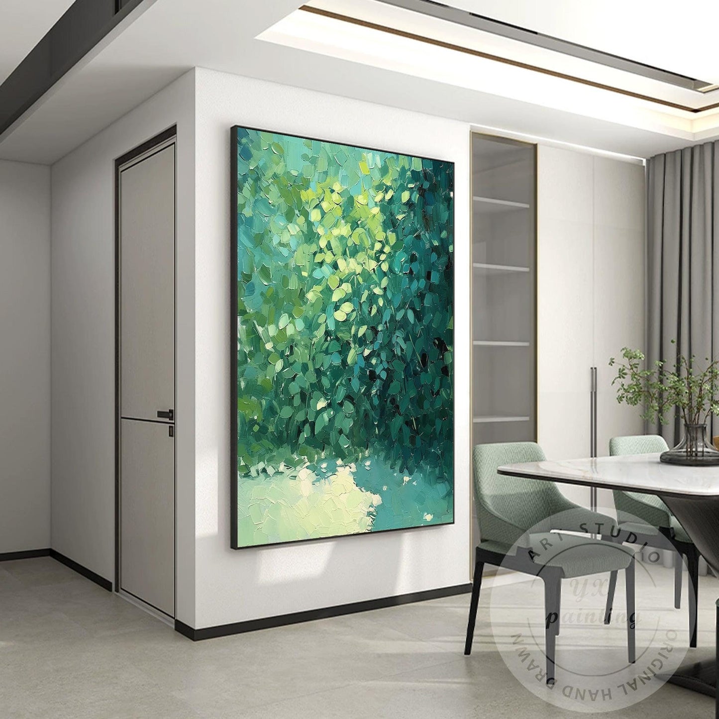 Textured Green Abstract Painting: Minimalist Palette Knife Canvas Art #4
