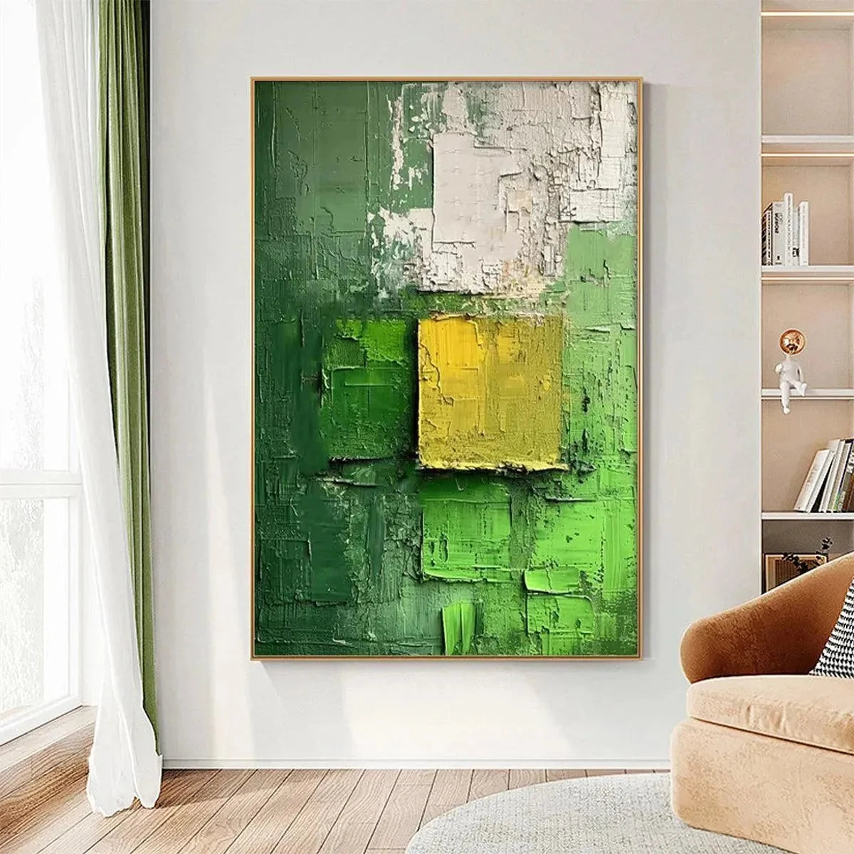 TEXTURED GREEN AND YELLOW: Textured Abstract Painting, Vertical Wall Art | Abstract closeup, raised brushwork detail