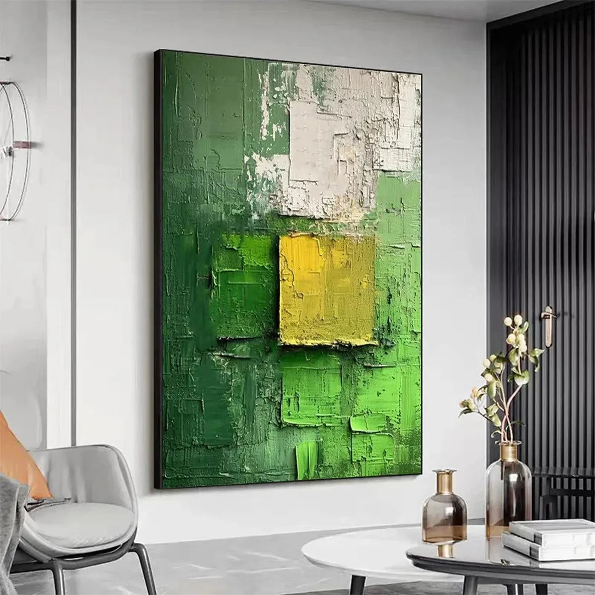 TEXTURED GREEN AND YELLOW: Textured Abstract Painting, Vertical Wall Art | rectangular format, hand-painted canvas edge