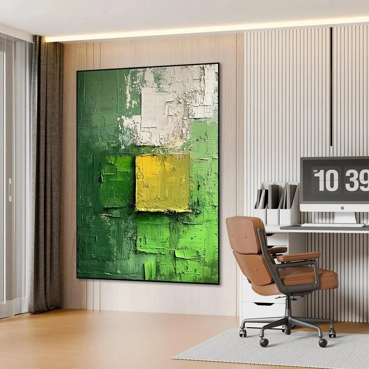 TEXTURED GREEN AND YELLOW: Textured Abstract Painting, Vertical Wall Art | rolled canvas, ready for custom framing