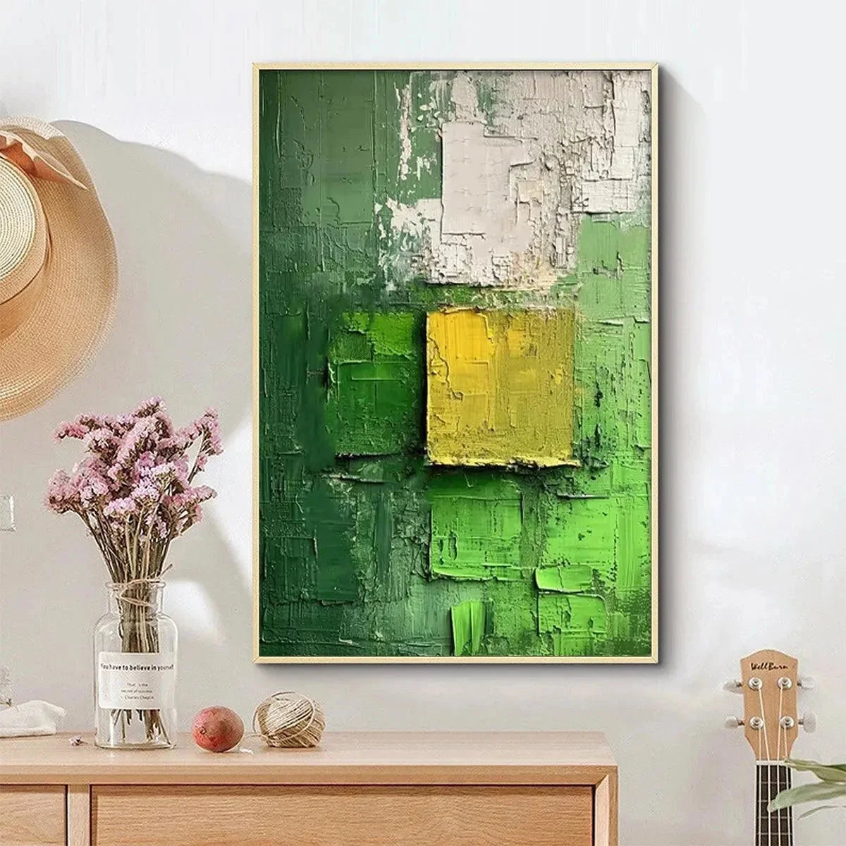 TEXTURED GREEN AND YELLOW: Textured Abstract Painting, Vertical Wall Art | black frame version on white wall