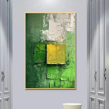 TEXTURED GREEN AND YELLOW: Textured Abstract Painting, Vertical Wall Art | Abstract mood, soft natural light studio shot