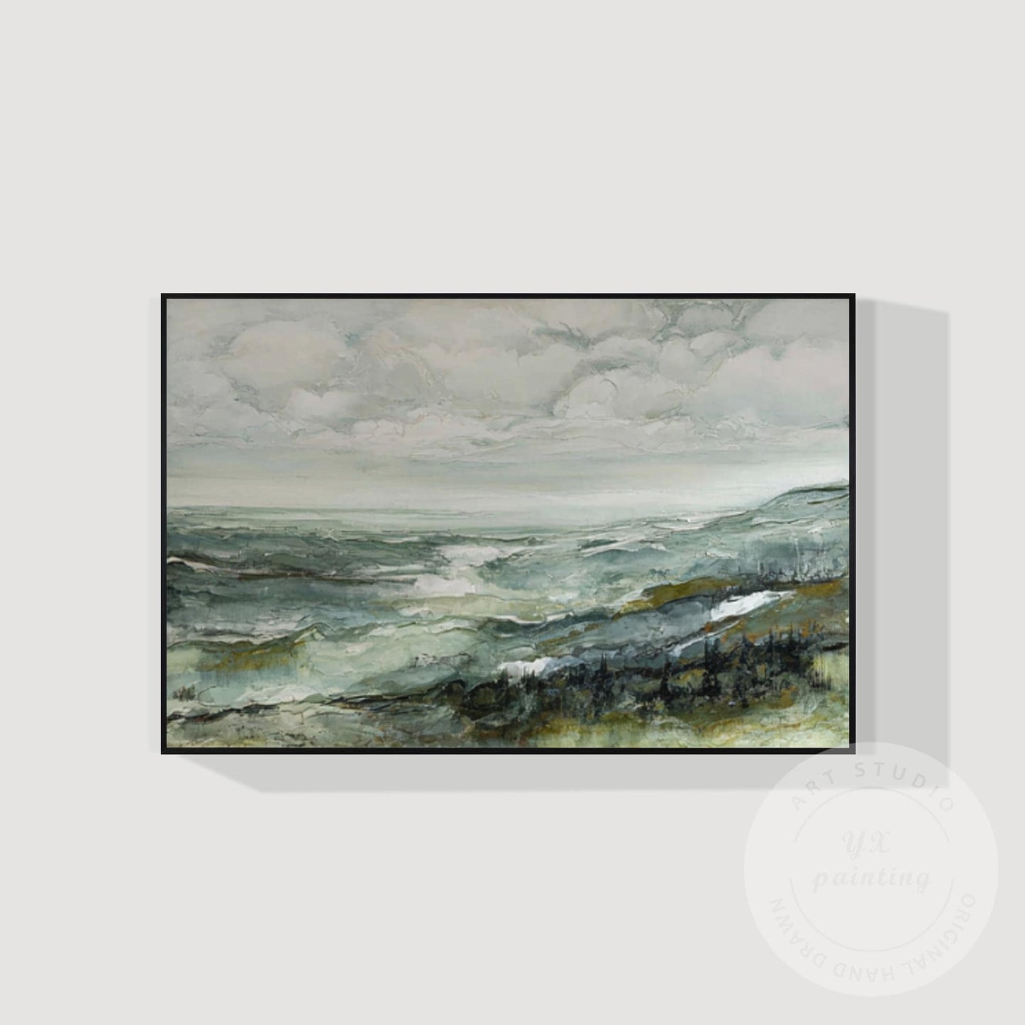 Textured Green Smoky Mountains Painting, Framed Landscape Artwork, Horizontal Or #7