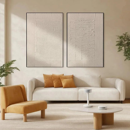 TEXTURED GRID DUO: Set of 2 Textured Abstract Paintings in Beige | Abstract closeup, raised brushwork detail