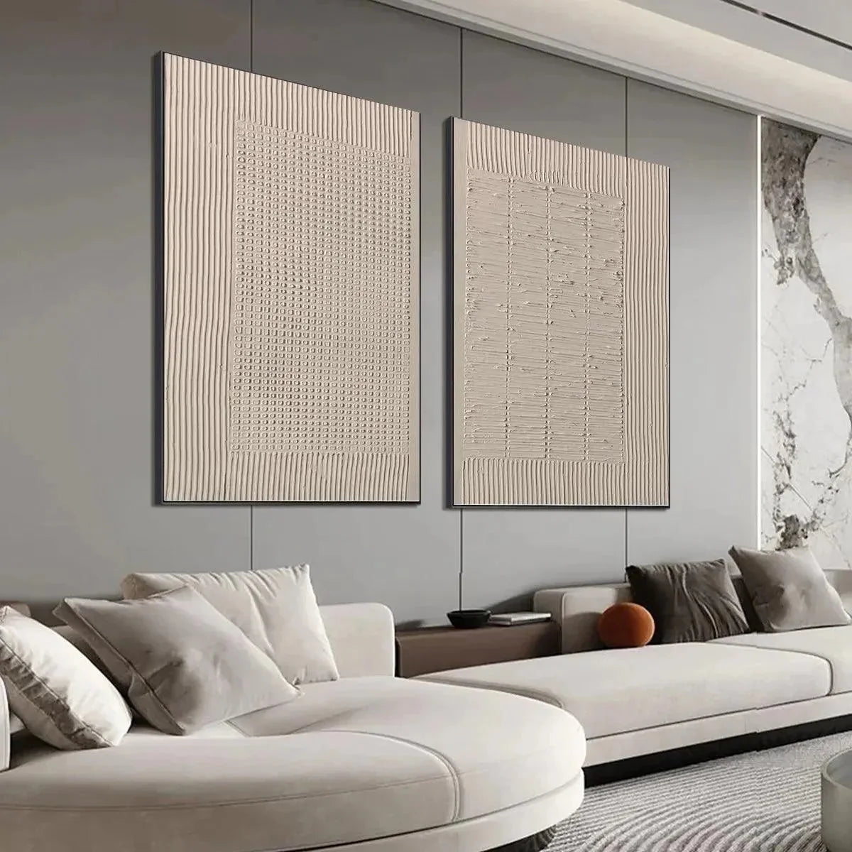 TEXTURED GRID DUO: Set of 2 Textured Abstract Paintings in Beige | gold frame stretched on neutral wall